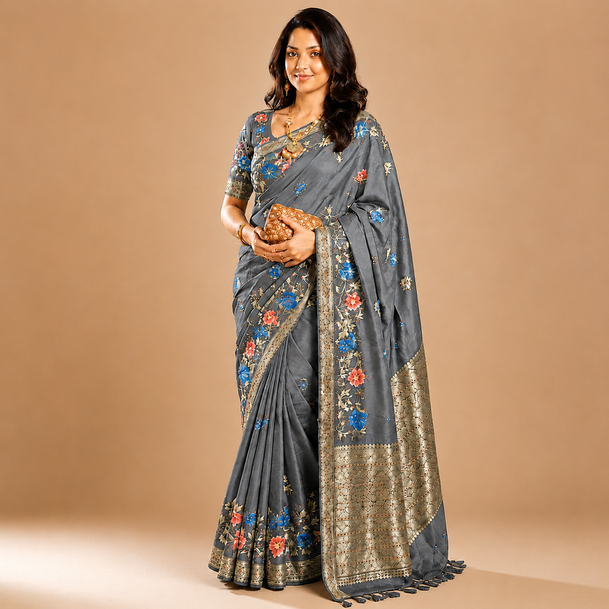Premium Soft Silk Ash color Saree – Elegant & Stylish Look--7094