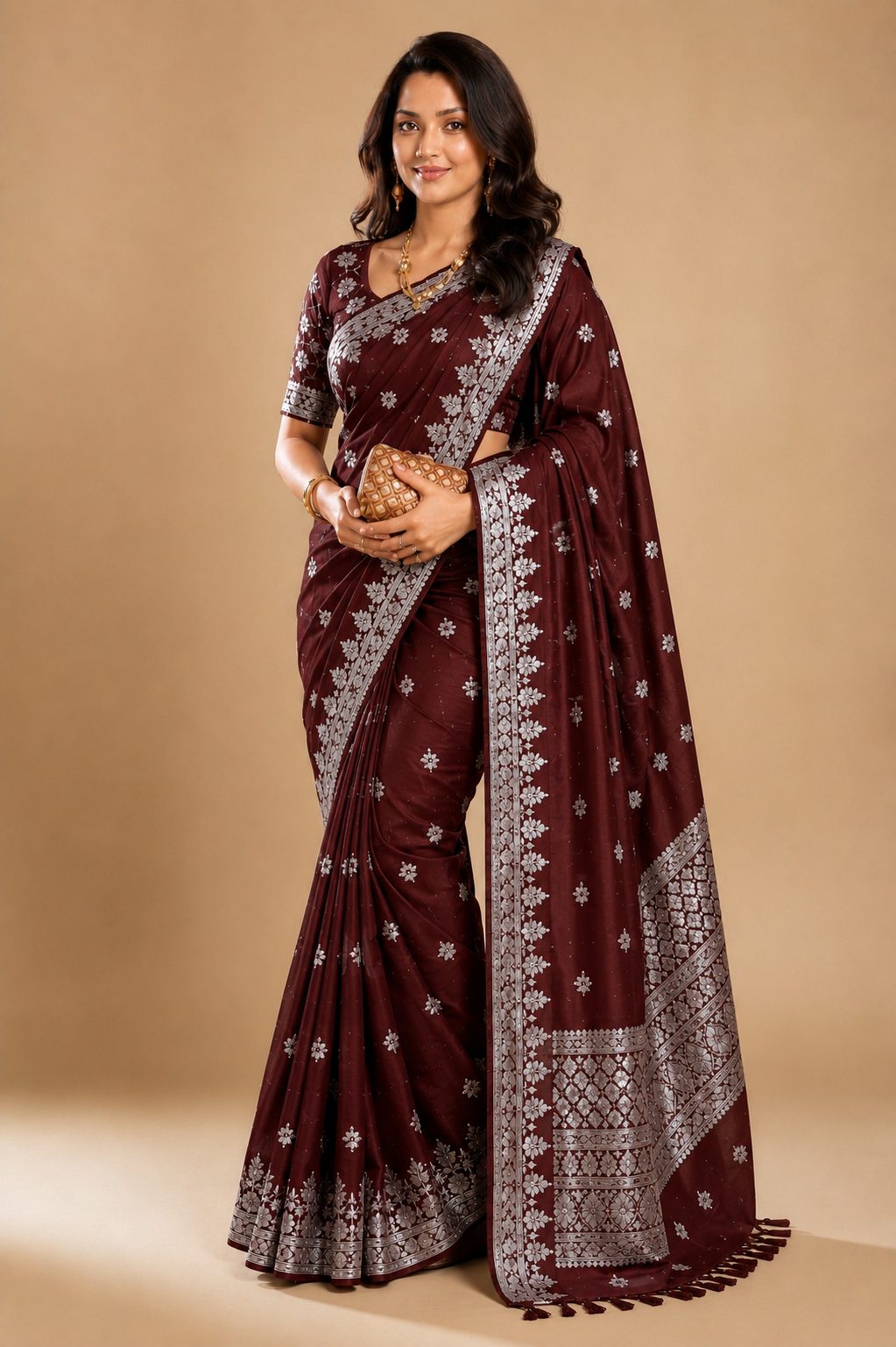 Premium Pure marron Katan Silk Saree (Zari Weaving) with a matching blouse piece -7061