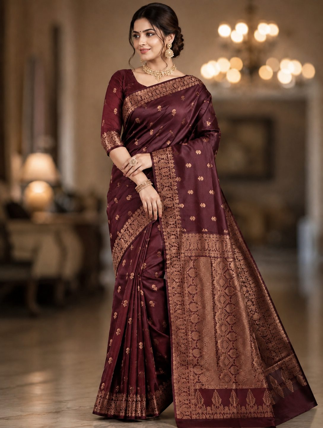 Premium Pure marron Katan Silk Saree (Zari Weaving) with a matching blouse piece 7063