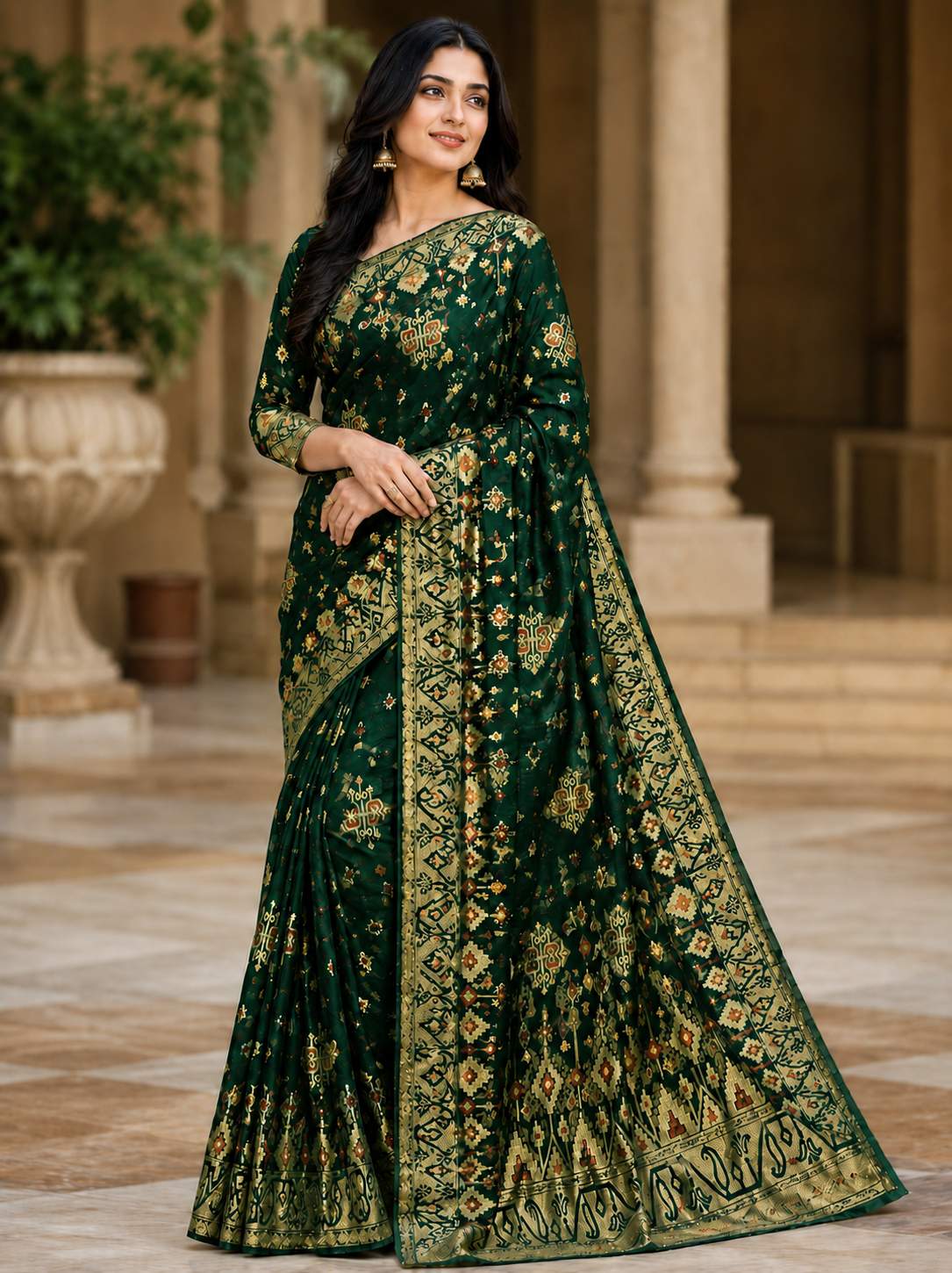 Bottle Green Jamdani Cotton Saree with Golden Zari Weaving -6054