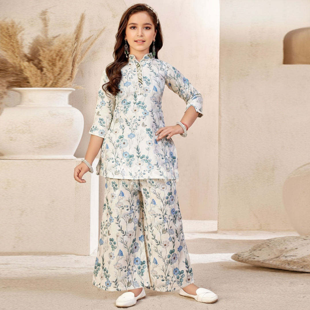 Elegant Girls Floral Kurti & Palazzo Set | Lavender Kids Ethnic Wear | Code: 1975